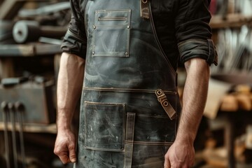 Blacksmith wearing a leather apron standing in a metal workshop