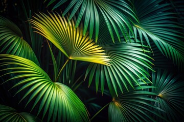 Obraz premium Low Light Photography of a Set of Palm Leaves in Atmospheric Shadows and Soft Glows for Nature and Plant Aesthetic Imagery