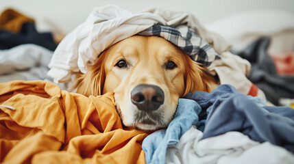 Naklejka na ściany i meble A golden retriever rests on pile of colorful laundry, showcasing playful and relaxed demeanor amidst chaos of clothes. This adorable scene captures essence of pets carefree spirit