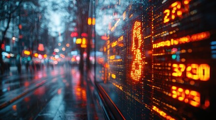 Fototapeta premium A large digital display with stock market data reflected in a rainy city street.