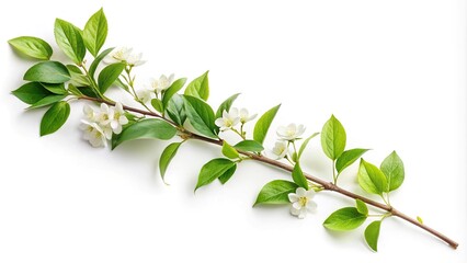 Obraz premium Silhouette of long green twig with leaves and white flowers isolated on white background