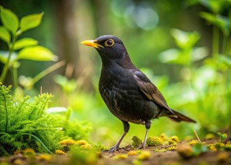 Stunning Aerial View of Female Common Blackbird (Turdus merula) Foraging on the Ground in Natural Habitat, Captured with Drone Photography for Wildlife Enthusiasts and Birdwatchers