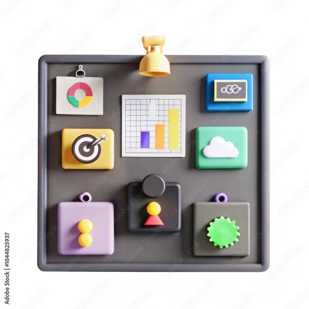 Poster a colorful and playful collection of 3d icons and buttons on a dark background, featuring various sy