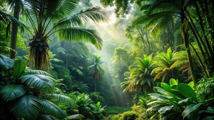 Wallpaper of tropical jungle and lush green leaves in medium shot