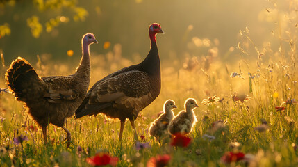 Obraz premium A turkey family walking together through a field of tall grass and wildflowers.
