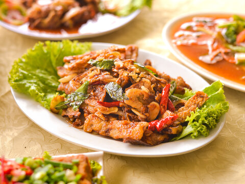 fried eggplant with sweet and spicy sauce. we called terong raos is the most popular dish from Bandung. Served on white plate with lettuce, chili and kari leaf as topping on top