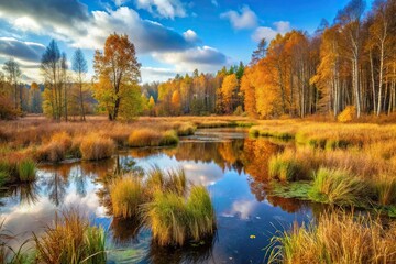 Obraz premium Silhouette of marshy Eastern European woodland during autumn fall