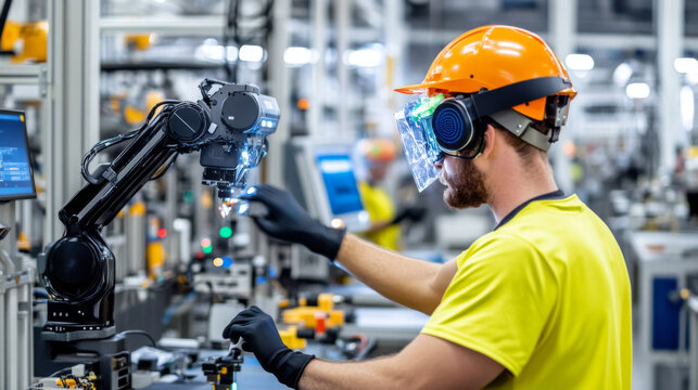 A worker in yellow shirt and safety gear operates robotic arm in modern manufacturing facility, showcasing advanced technology and precision