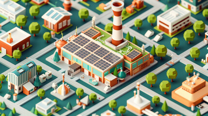 vibrant and detailed miniature model of green hydrogen plant surrounded by various buildings and trees, showcasing renewable energy features like solar panels