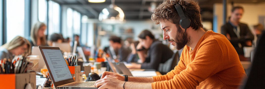 Focused man working on laptop in modern office environment, wearing headphones. workspace is vibrant with colleagues collaborating in background, creating dynamic atmosphere