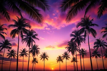 Obraz premium Silhouette of palm trees against purple and pink sunset sky