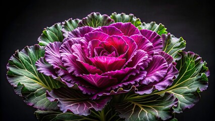 Obraz premium Stunning Purple Cabbage Flower - Ornamental Kale Beauty Over Black Background with Copy Space for Food Photography and Decorative Plant Imagery