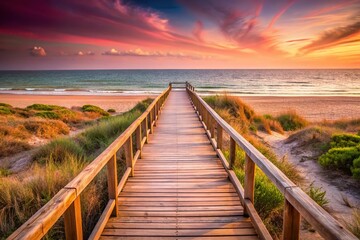 Obraz premium warm pinkish background wooden path to the sea