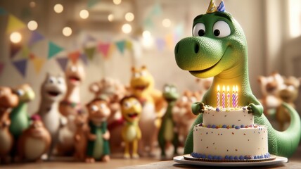 A cheerful dragon celebrates a birthday with friends, standing proudly beside a cake adorned with candles, filled with joy and laughter.