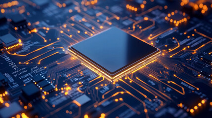 A close up view of modern microprocessor on circuit board, showcasing intricate details and glowing connections. vibrant orange lights highlight technologys complexity and innovation