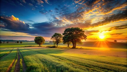 Fototapeta premium Silhouette sunset over fields and trees casting shadows