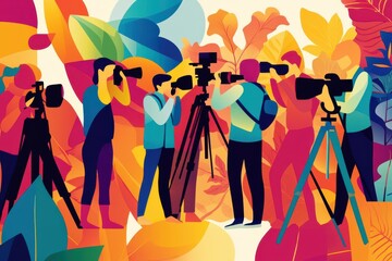 Abstract illustration of photographers capturing images in vibrant colors