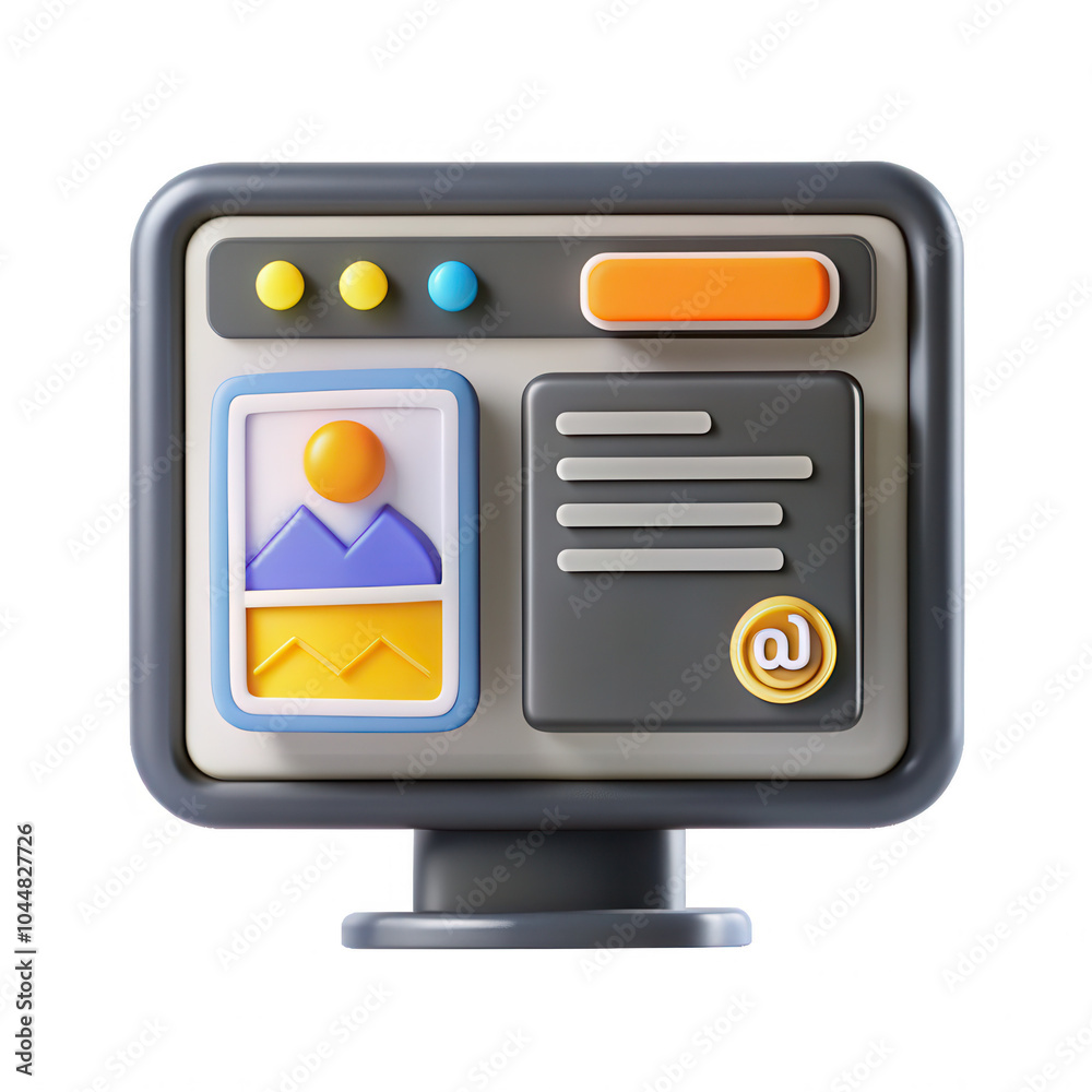 Poster A modern 3D rendered computer icon featuring a simplistic design, screen displaying a mountain image and various buttons.
