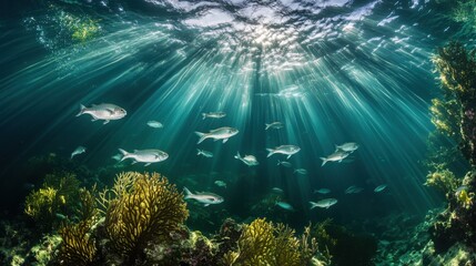 Obraz premium Sunbeams Illuminate Fish and Kelp in the Ocean