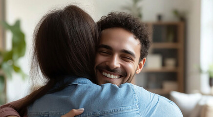 Obraz premium Young couple rejoices in buying a new apartment. Young man and woman hugging in new apartment
