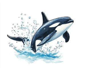 Orca swimming through splashing water, watercolor clipart illustration, focused on graceful curves of the whale, isolated on a white background, detailed marine life art