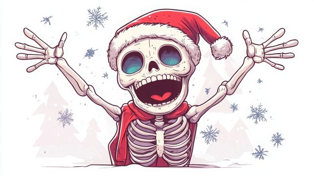 Druk Skeletons having Christmas party at home. Xmas cartoon funny design concept. Holiday banner with place for text.