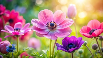 Fototapeta premium Silhouette of pink anemone flower in a garden