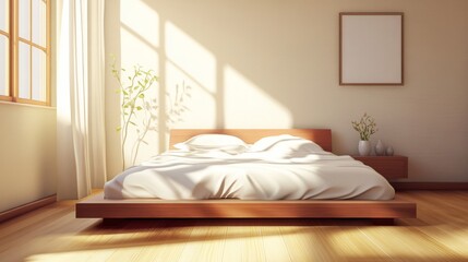 A minimalist bedroom with a wooden bed frame, white bedding, and a wooden nightstand.