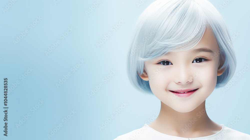 Wall mural portrait of smiling asian girl child with short white hair blue background.