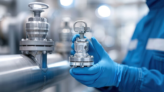 Close up of complex valve system in petrochemical facility, showcasing precision engineering and safety features. technician in blue gloves ensures proper handling and maintenance