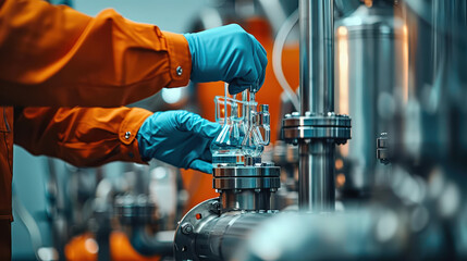 Close up of petrochemical machinery with worker handling glassware, showcasing precision and safety in laboratory environment. vibrant colors and intricate details highlight complexity of equipment