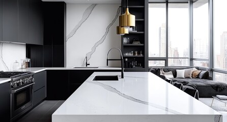 A kitchen with dark cabinets, a white marble countertop, and brass hardware.