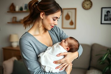 A caring young woman cradles her sleeping newborn daughter in her arms