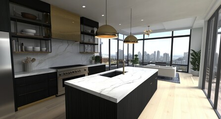 Fototapeta premium Modern kitchen with a marble countertop, black cabinets, and brass light fixtures, with an open concept layout for a spacious interior design in an apartment