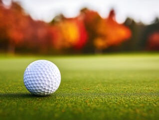 A close-up view of a golf ball resting on a lush green fairway surrounded by vibrant autumn foliage.