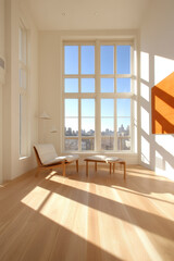 Fototapeta premium A bright and airy interior featuring large windows that offer stunning city views. minimalist design includes white sofa and wooden furniture, creating serene atmosphere