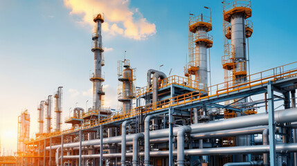 Fototapeta premium Close up of petrochemical refinery towers with pipes and structures under bright sky, showcasing industrial architecture and energy production