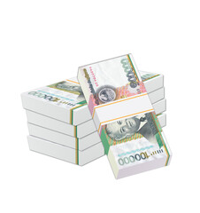 Laos money, Stacks of One Hundred Thousand kip Bills Isolated on a White Background