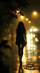 A woman walking alone at night in the street, silhouette of her back seen from behind.
