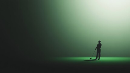 Obraz premium A silhouette of a golfer standing on a green surface with a bright light in the background.