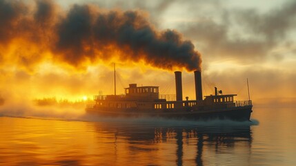 Steamboat on Foggy Lake at Sunset