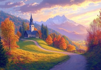 Naklejka premium A picturesque autumn landscape in the Alps, with colorful trees and mountains, featuring an old church nestled among green hills and forests under a dramatic sky at sunset
