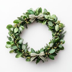 Fototapeta premium Christmas isolated wreath with Cristmas plant. Traditional Xmas isolated floral element with bow. Banner with copy space. Flower frame Noel card.