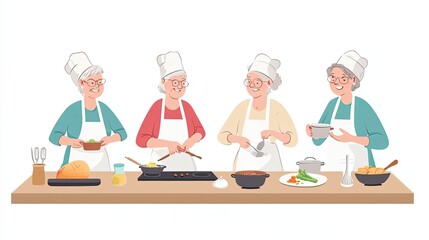 Four Senior Women in Chef Hats Cooking Together
