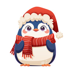 Cute Christmas penguin on white background. Kawaii penguin wearing santa hat and red scarf. Vector character isolated