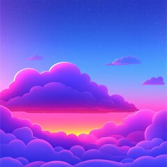 Dreamy Sky with Clouds, Pink Sunset and Purple Horizon