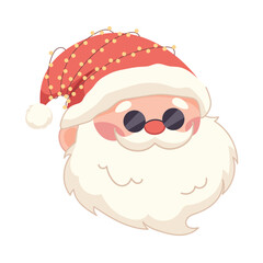 Kawaii Santa Claus with black glasses, hat and garland. Face of cool santa. Vector character on white background