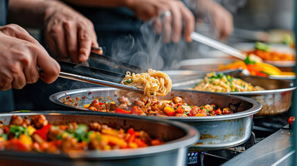 Delicious stir fried noodles with seafood and vegetables being prepared in bustling kitchen. vibrant colors and steam create inviting atmosphere for food lovers