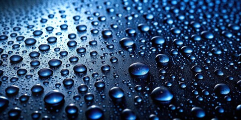 Water drops on black glass background illuminated with dark blue light low angle