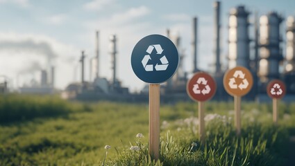 A serene view of recycling signs in a green field, promoting environmental awareness against a backdrop of industrial smokestacks and a clear blue sky, emphasizing sustainability.